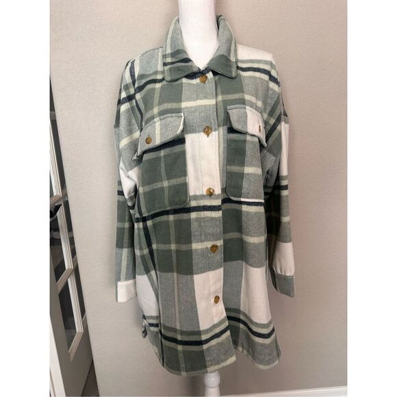 NEW Banana Republic Green Tan Plaid Wool Blend Shacket Jacket XL - Picture 1 of 7